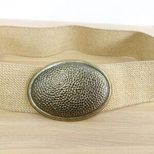 VINTAGE‎ Western Belt Womens XS Beige Hammered Oval Brass Buckle Chunky DAY LOR